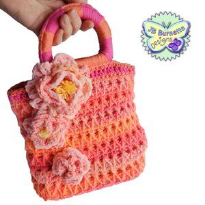 Handmade Crochet Pink Grapefruit Bag, Spring Blossoms Solid-Bottom Handbag Purse